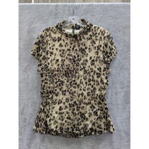 New Directions Blouse Womens Petite XL Leopard Mock Neck Mesh Short Sleeve